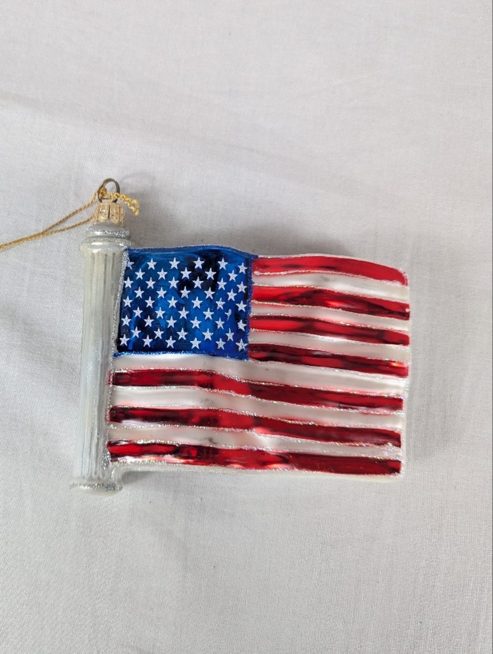 Kurt Adler Polonaise American Flag Glass Ornament Stars Stripes Glitter NEW NWT